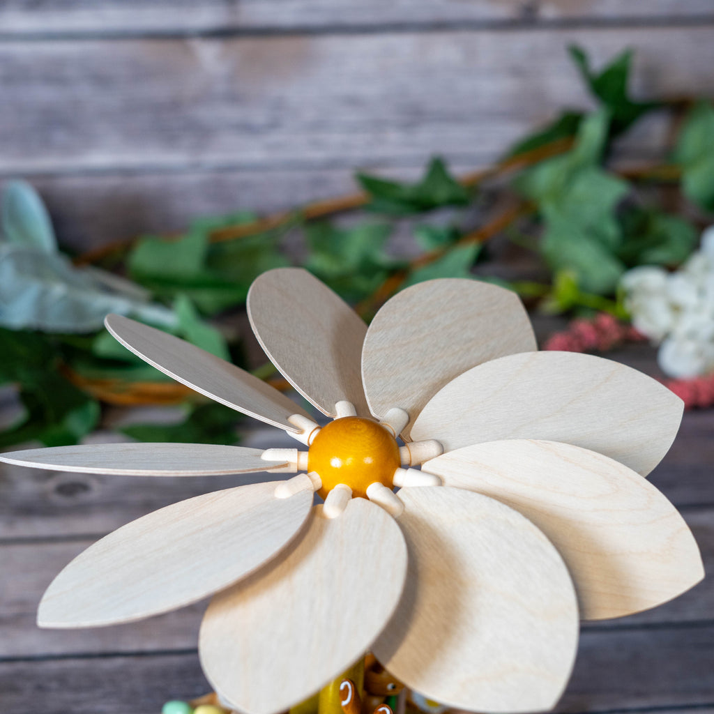 Detail of bunnies and Easter eggs on handcrafted fan pyramid