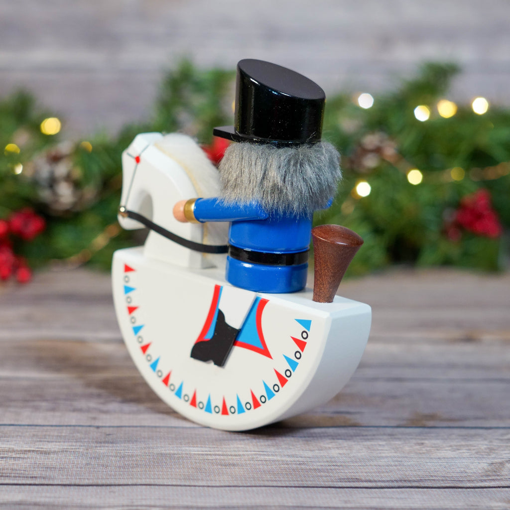 Side view of Blue Rocker Horse Nutcracker showing left profile