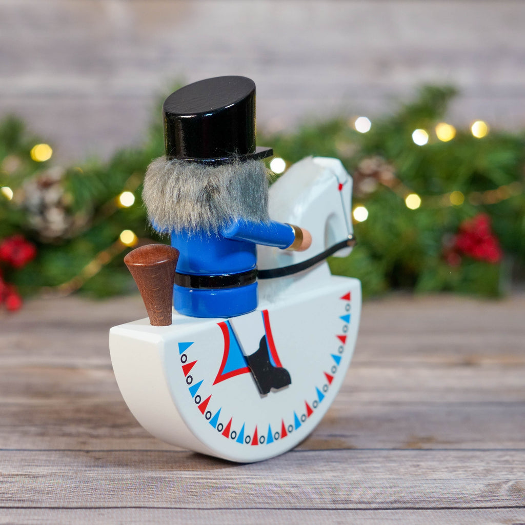 Back view of Blue Rocker Horse Nutcracker displaying the craftsmanship