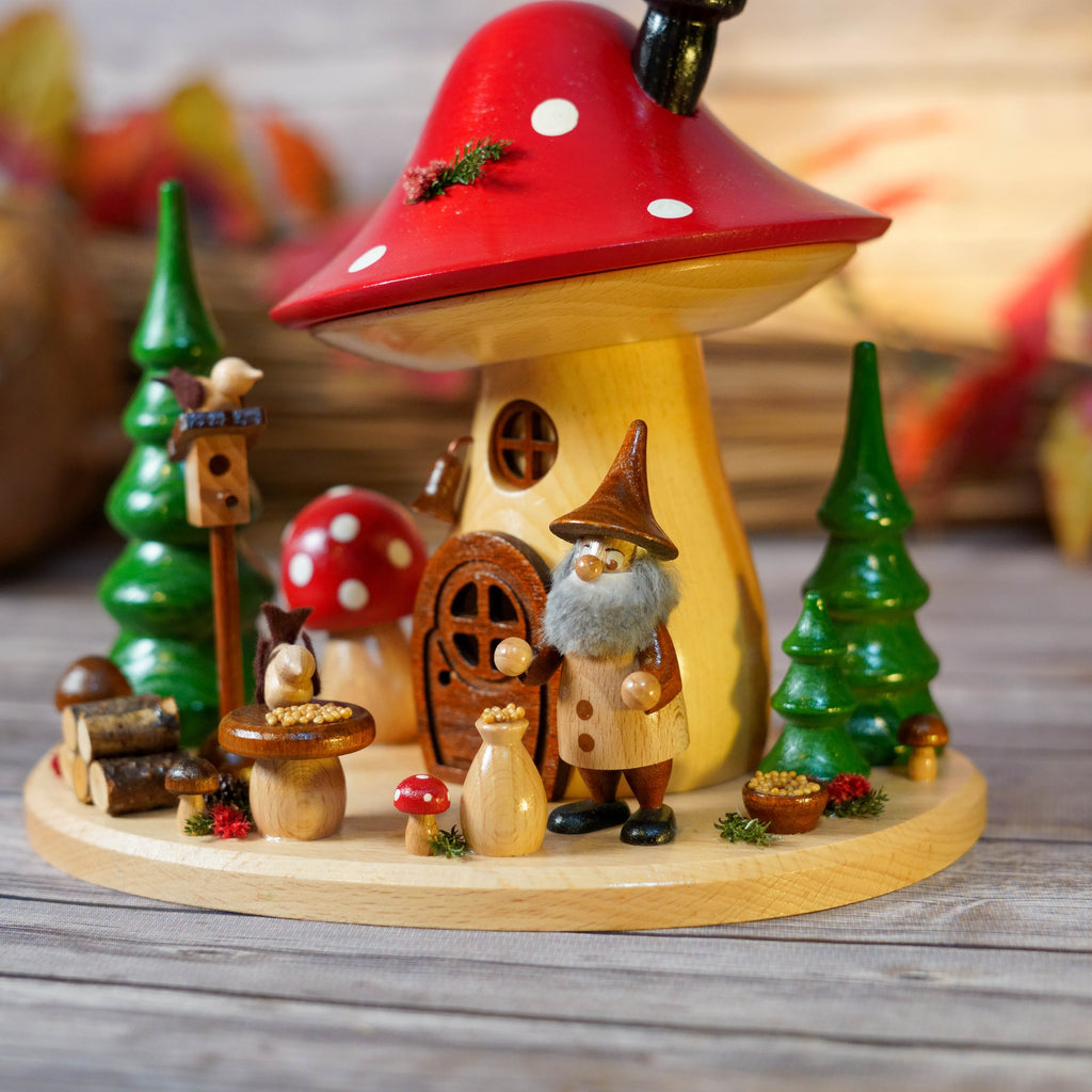 Side view of mushroom smoker with detailed woodwork