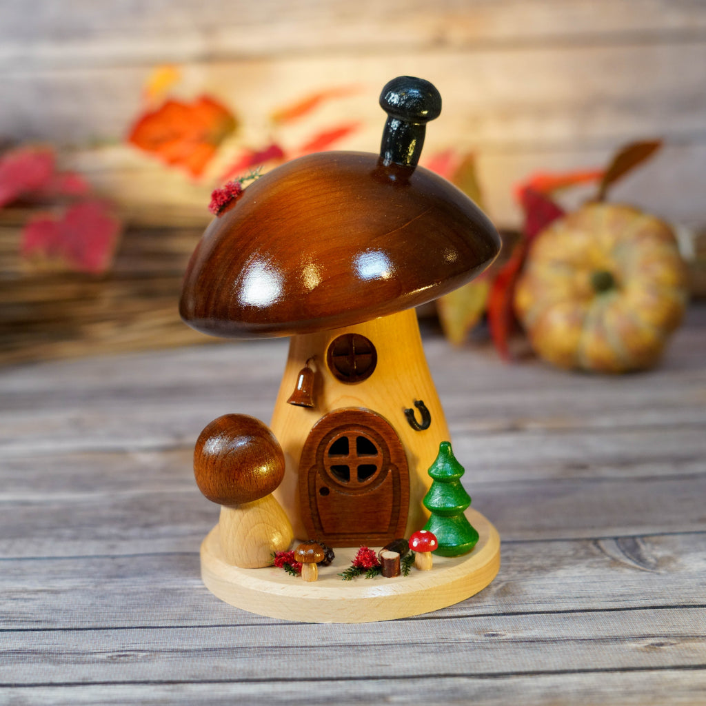 Handcrafted Mushroom House Smoker with Brown Cap and fall backdrop