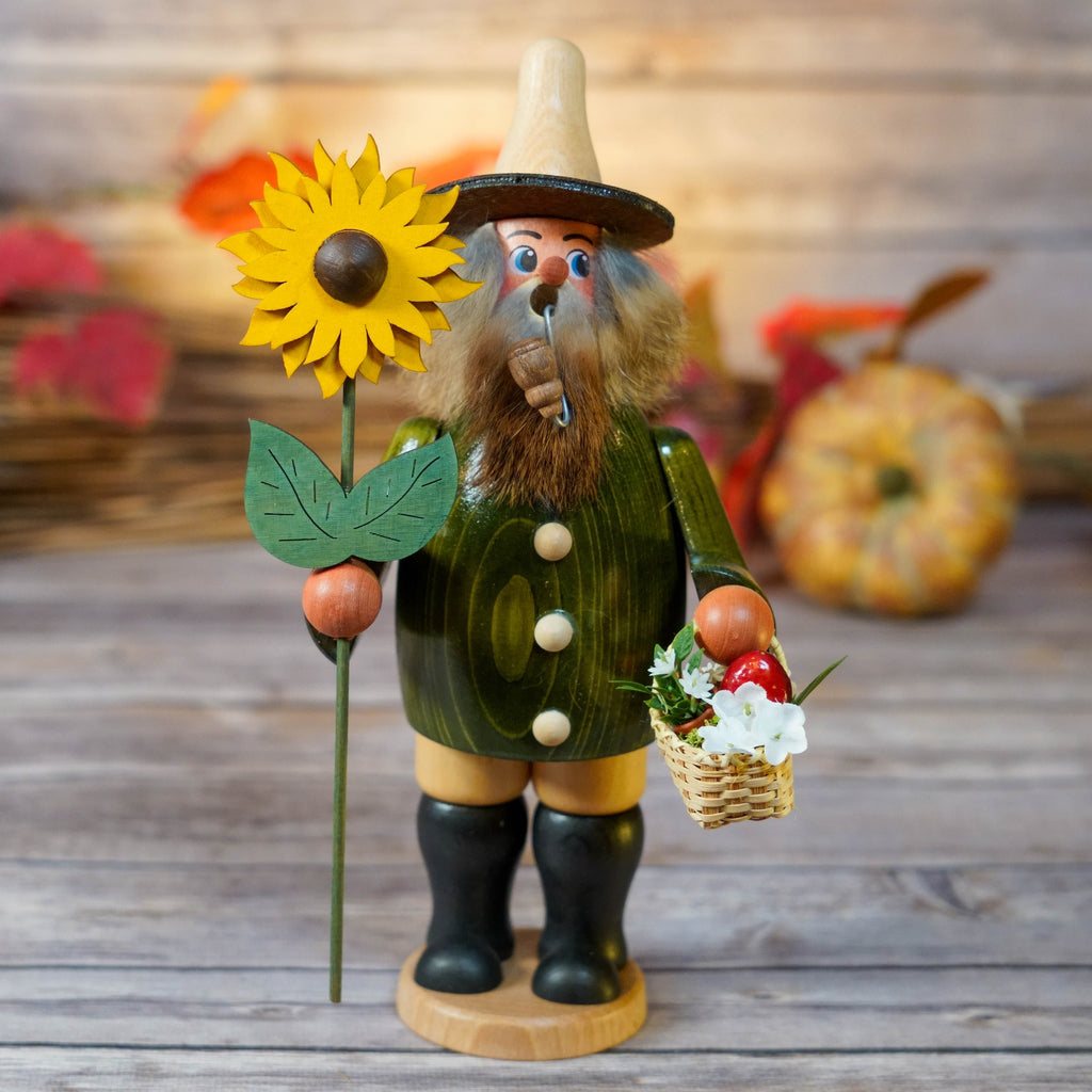 Erzgebirge Wooden Smoking Gnome with Sunflower and Basket