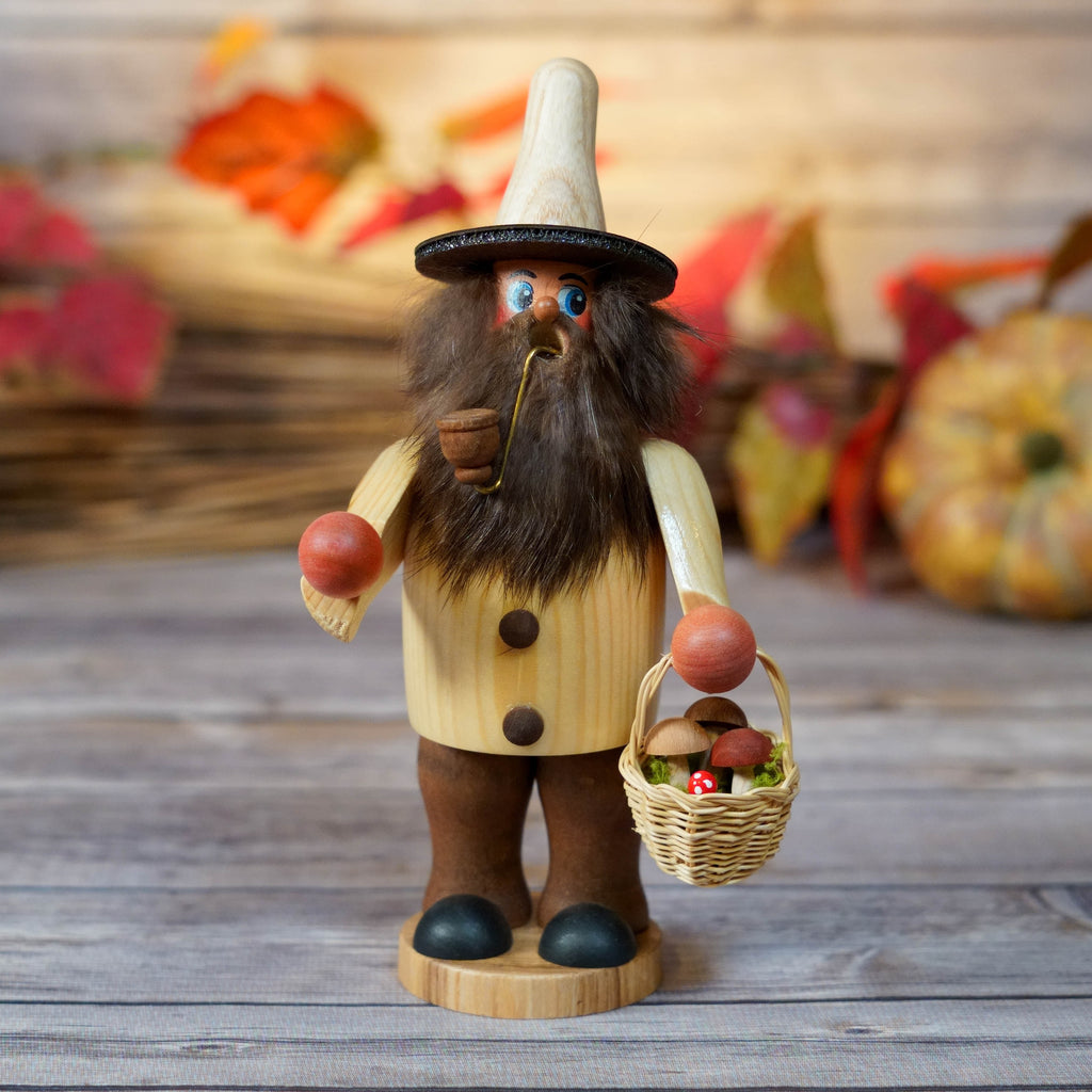 Handcrafted Erzgebirge smoker figurine with mushrooms