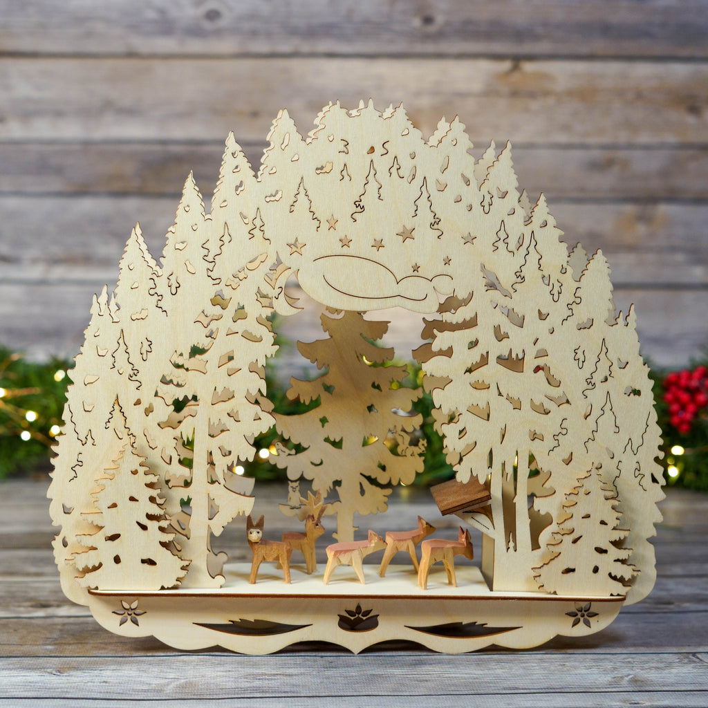 Elegant Window Star Featuring Deer Among Forest Trees
