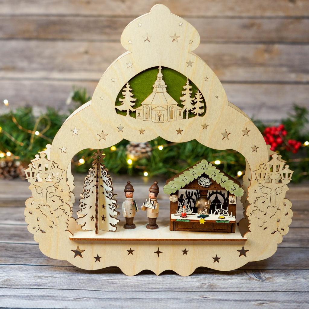 Wide view of wooden window star with festive lighting background