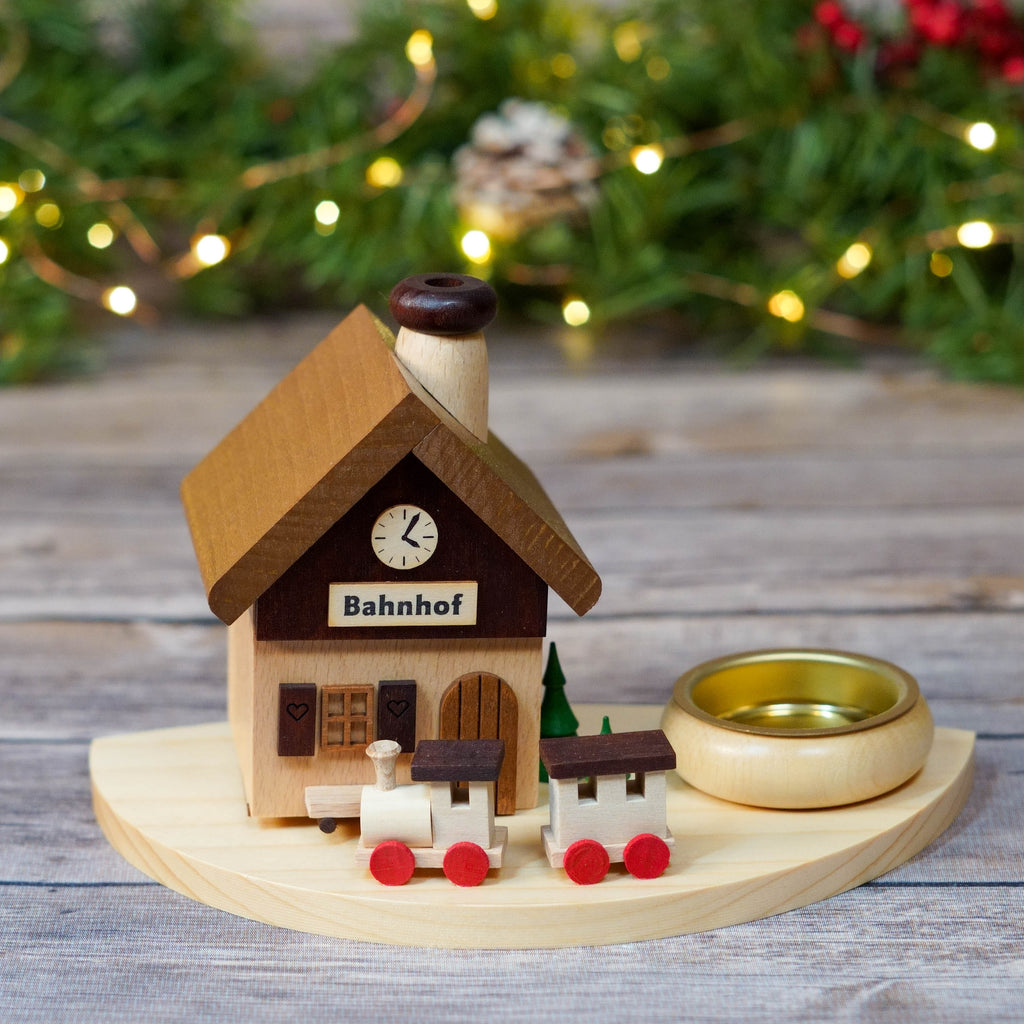 German incense smoker shaped like a train station with festive decorations