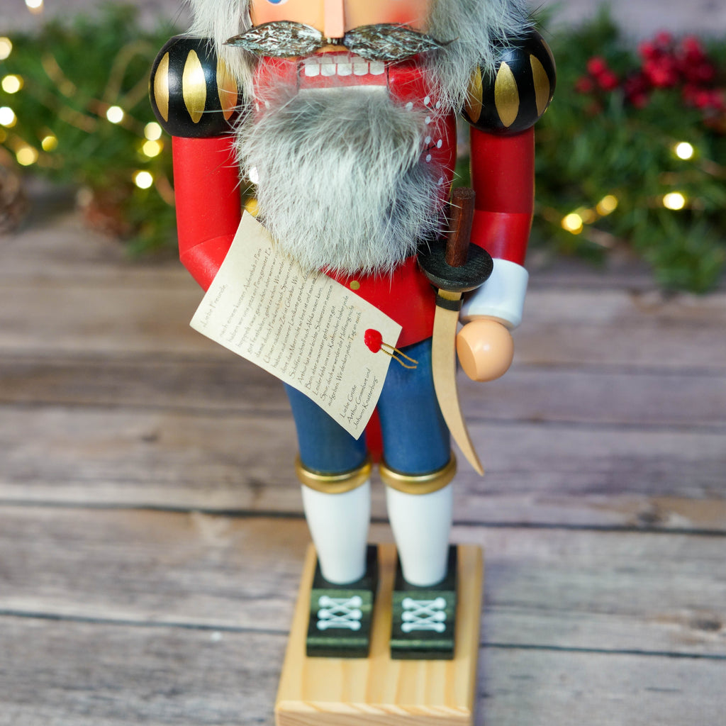 General von Bieber Nutcracker next to Christmas lights and decorations