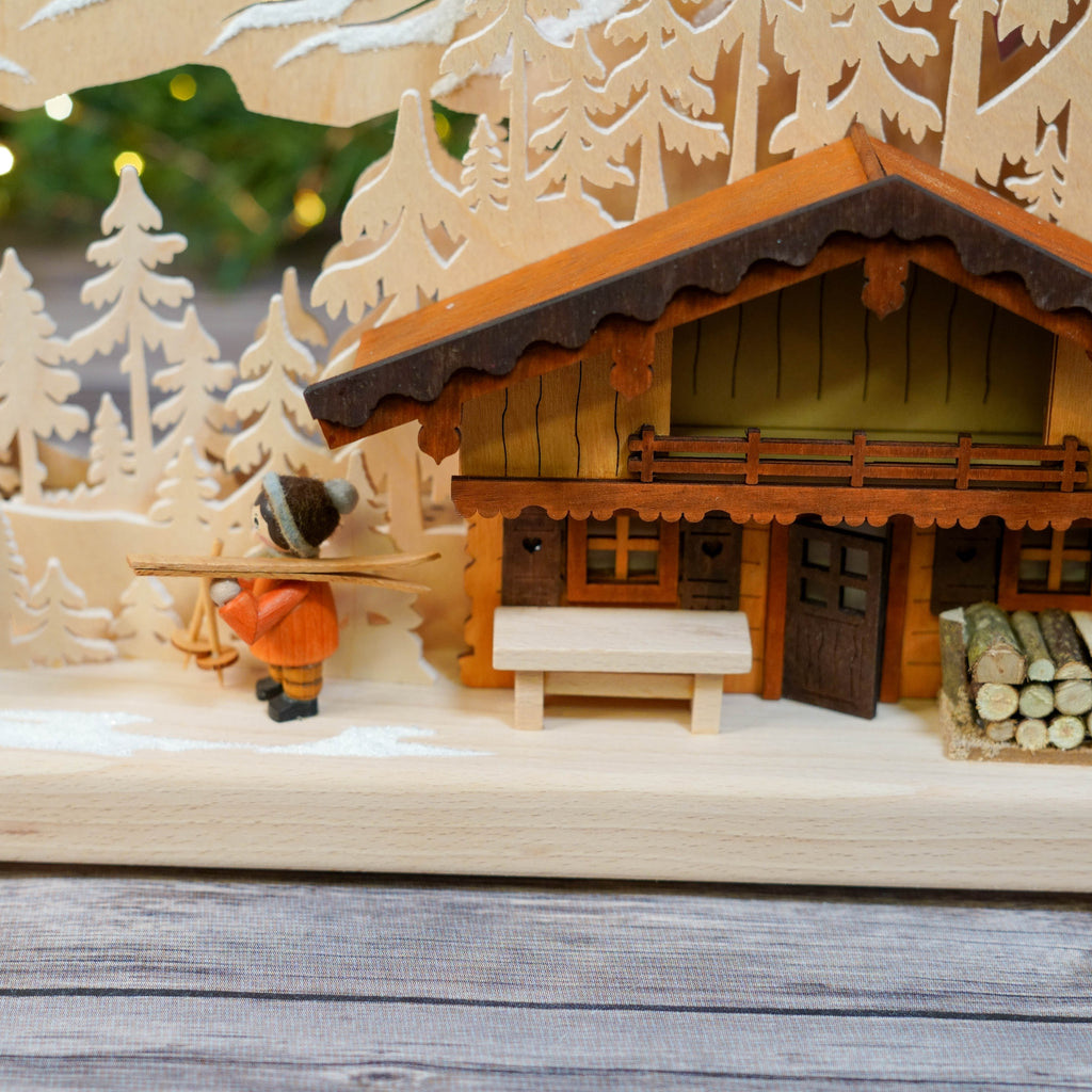 Artistic rear view of wooden ski lodge Schwibbogen