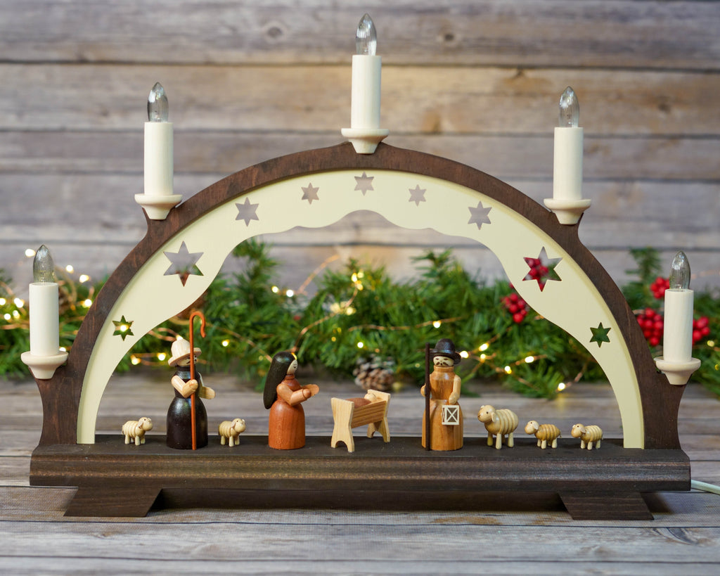 Dark Wood Schwibbogen Nativity with Candlelight