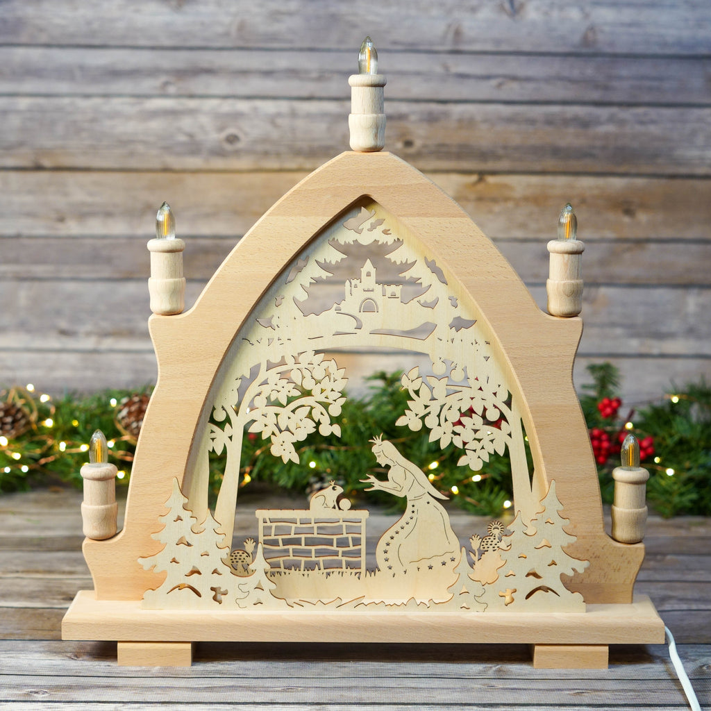 Hand-carved Princess and Frog Schwibbogen with electric candles