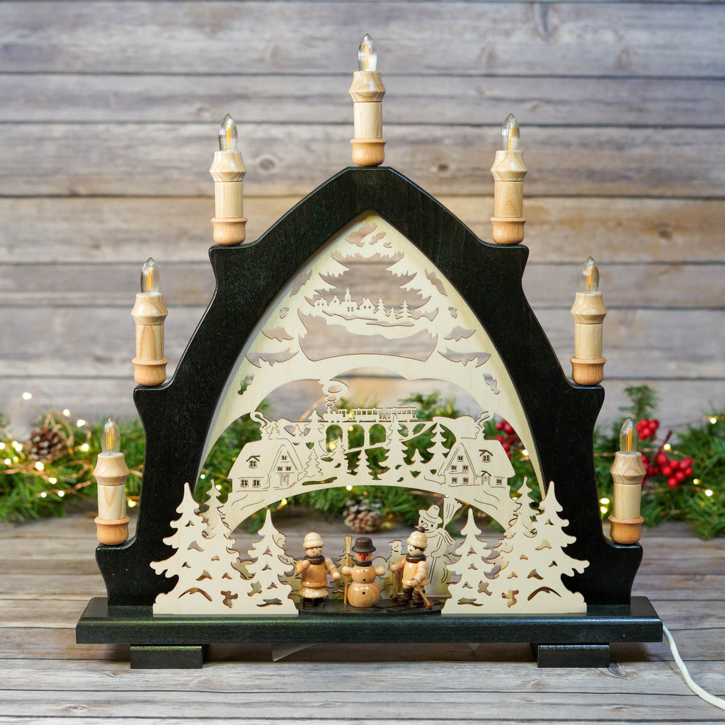 Winter Children Electric Schwibbogen with wooden figures