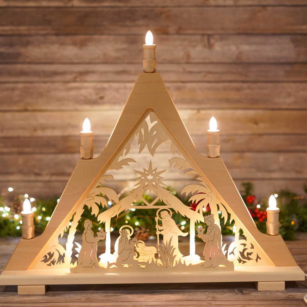 Illuminated Nativity Schwibbogen with Electric Candles
