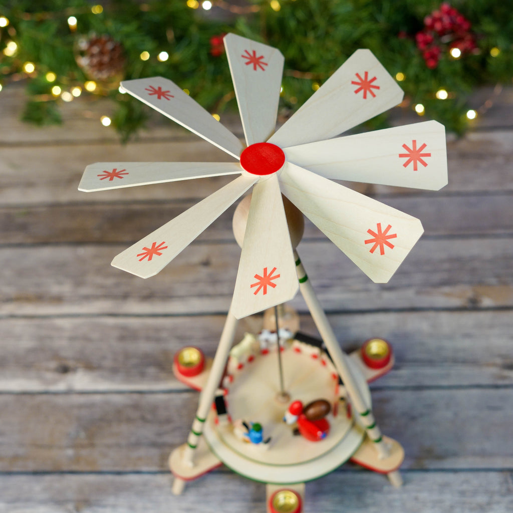 Detailed view of handcrafted toys on Christmas Pyramid