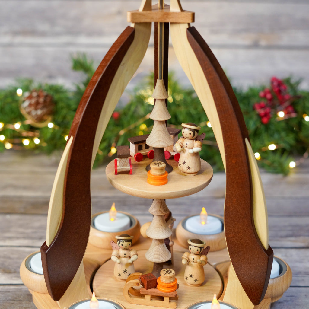 Pyramid in soft-focus background with festive lights