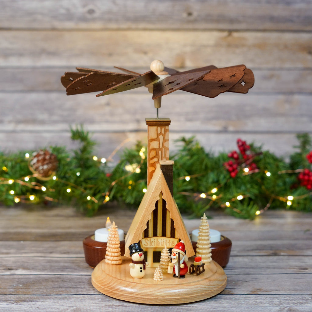 Handmade German Christmas Pyramid with Santa Claus, Snowman, and Smoking House