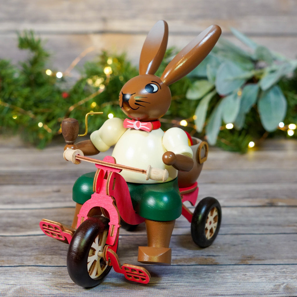 Handcrafted Bunny on Trike Smoker with festive backdrop