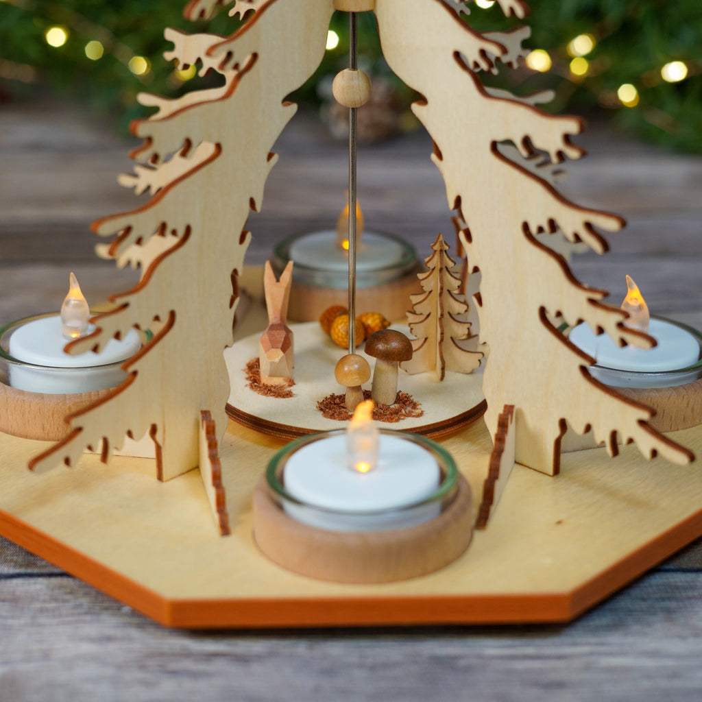 Side view of the Christmas Pyramid highlighting the wooden textures